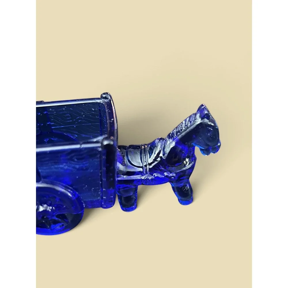 Vintage Jeannette Cobalt Blue Glass Donkey & Wood-Grain Wagon Figurine Rare Mini